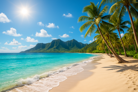 Hawaiian beach with golden sand, turquoise ocean waves, and palm trees under a bright sunny sky, with lush mountains in the background.