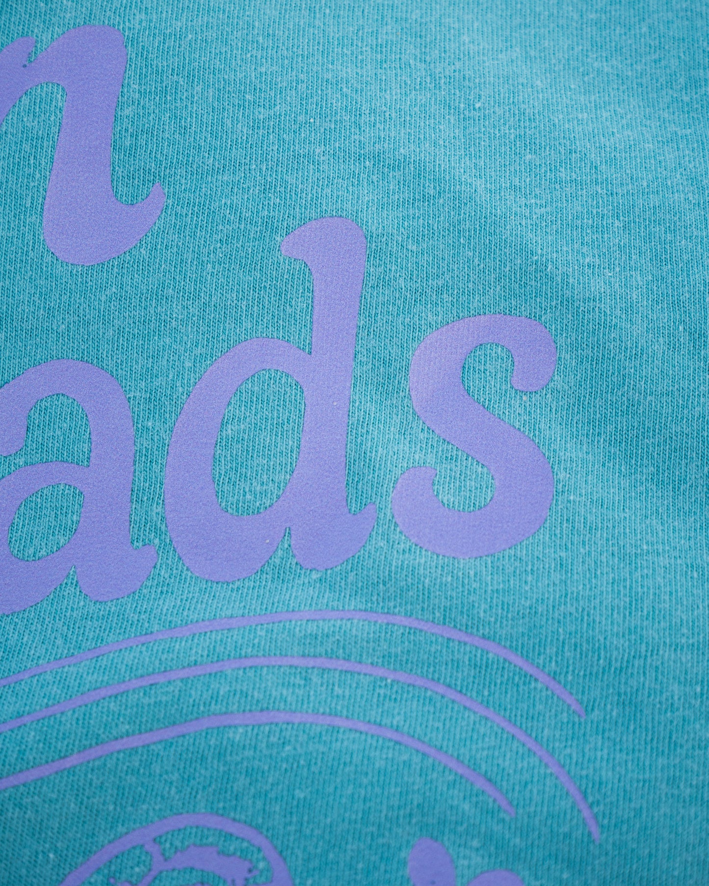 Teal fabric with purple text and patterns