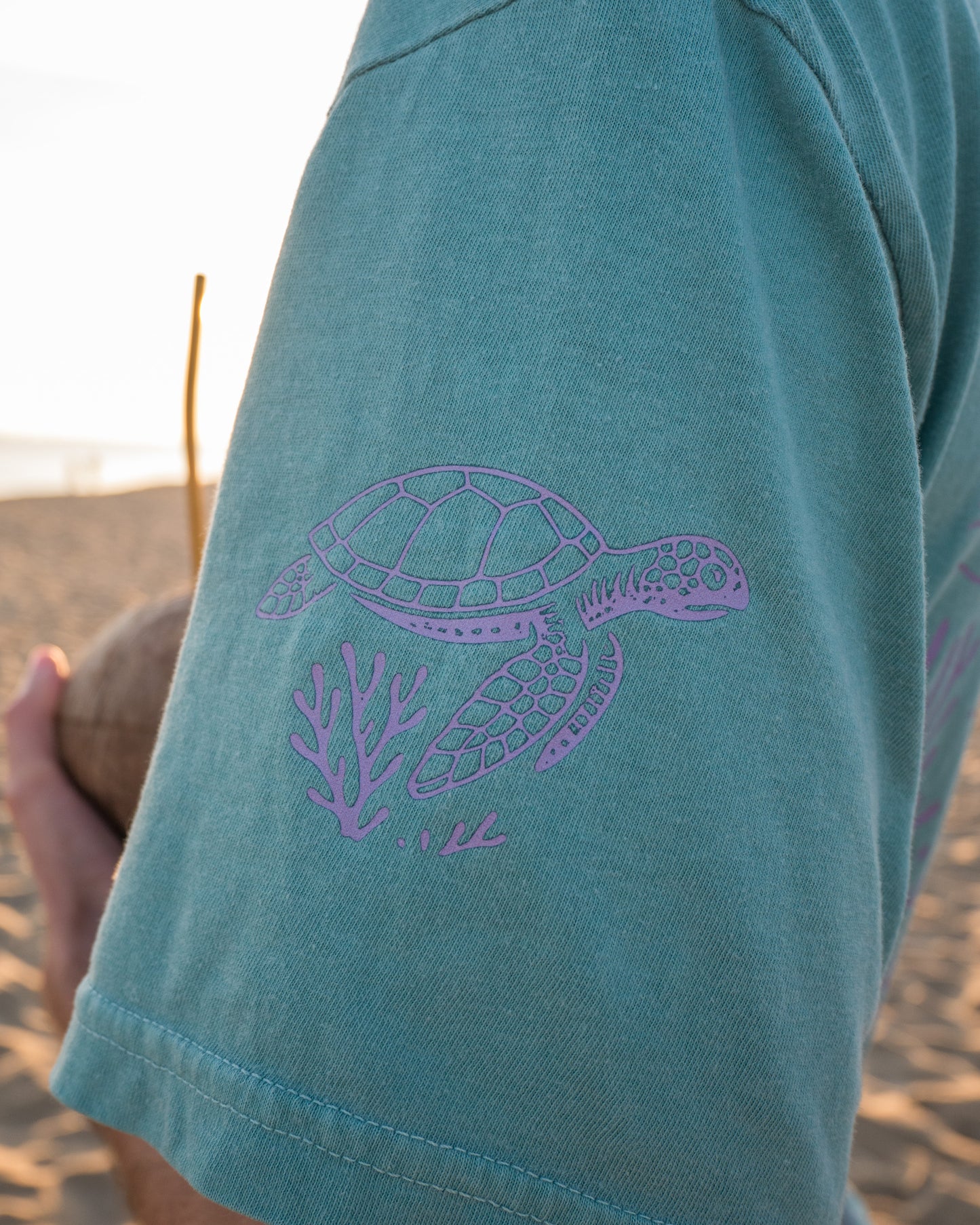 Teal shorts with a purple turtle design on a beach.